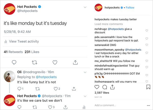 Post na Instagramie Hot Pockets ze charakterystycznym dziwacznym humorem.
