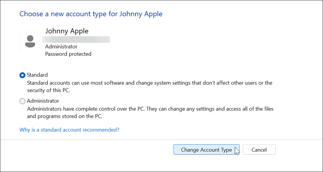 Zmień typ konta w systemie Windows 11