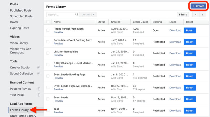 facebook business manager menu narzędzi do publikowania z biblioteką formularzy podświetloną pod formularzami lead ads z podświetlonym przyciskiem tworzenia