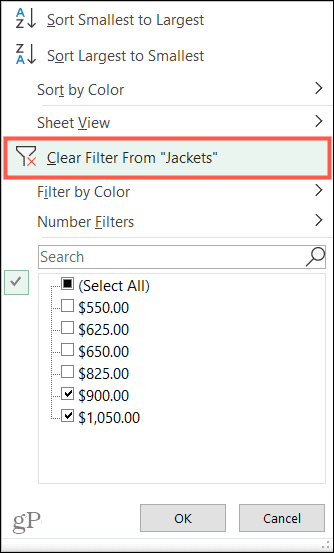 Wyczyść filtry w programie Excel
