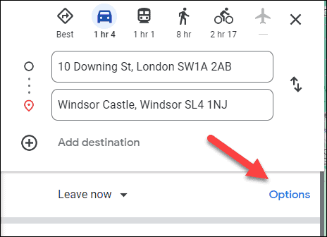 Opcje wskazówek dojazdu w Mapach Google