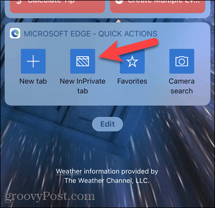 Stuknij Nowa karta InPrivate na widżecie Edge na iOS