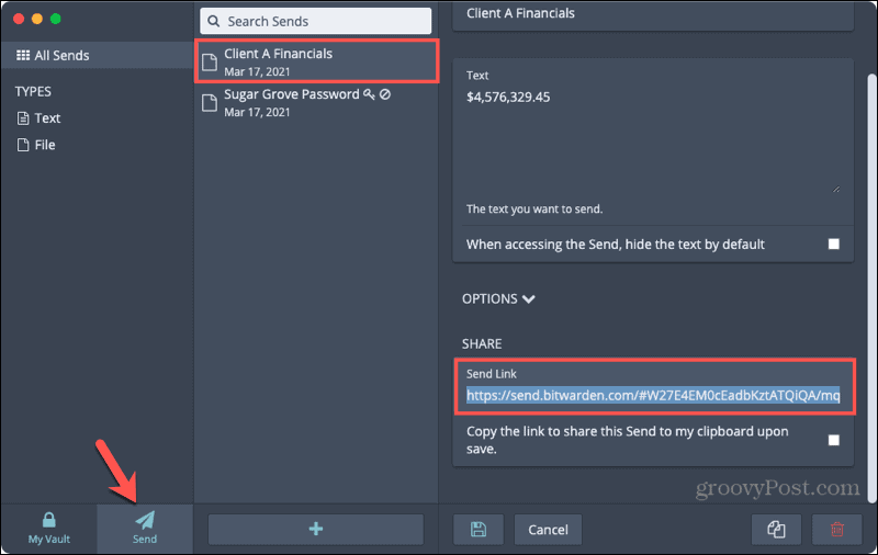 Kopiuj łącze wysyłania w Bitwarden Desktop
