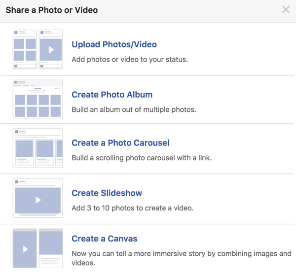 Tworząc post na Facebooku, aby wzmocnić, nie zawsze wybieraj jeden obraz; eksperymentuj z innymi opcjami multimedialnymi.
