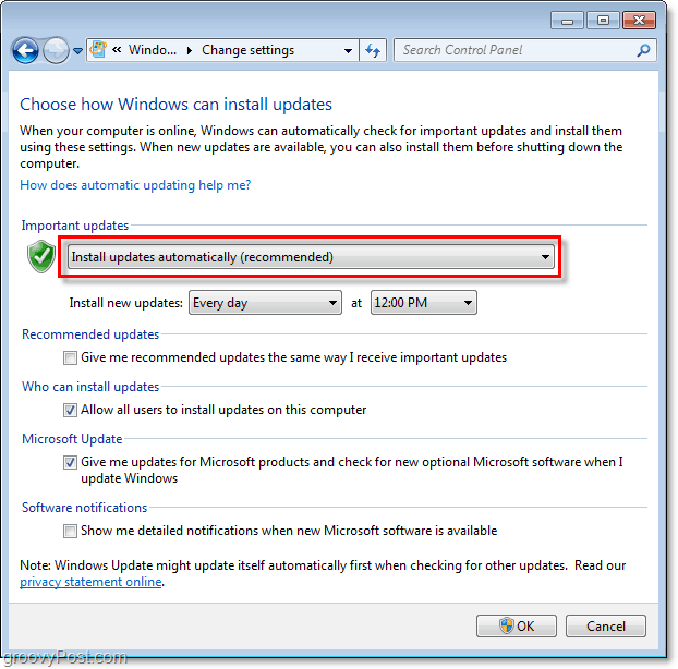 Windows 7 - zrzut ekranu menu konfiguracji usługi Windows Update