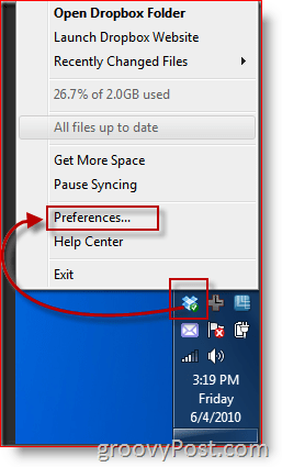 Zrzut ekranu Preferencje menu paska zadań DropBox