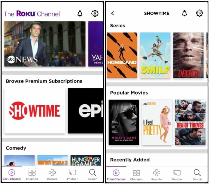 Kanały premium Roku Channel App iOS