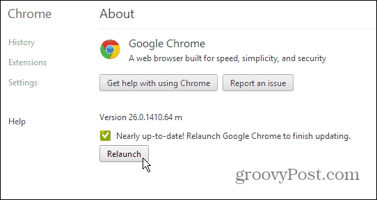 Google Chrome - informacje o stronie - aktualizacja i ponowne uruchomienie