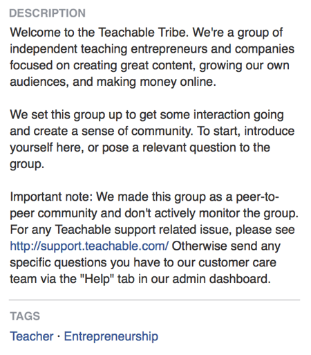 W opisie grupy na Facebooku Teachable bezpośrednio stwierdza, że ​​jego grupa na Facebooku dotyczy tworzenia społeczności.