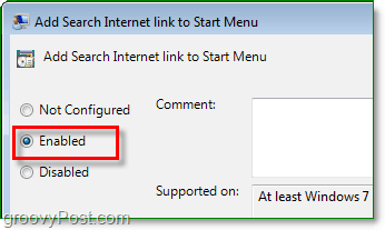 zaznacz włączony przycisk radiowy, aby włączyć menu startowe windwos 7, wyszukiwarka internetowa link do wyszukiwania kliknij OK, aby zakończyć