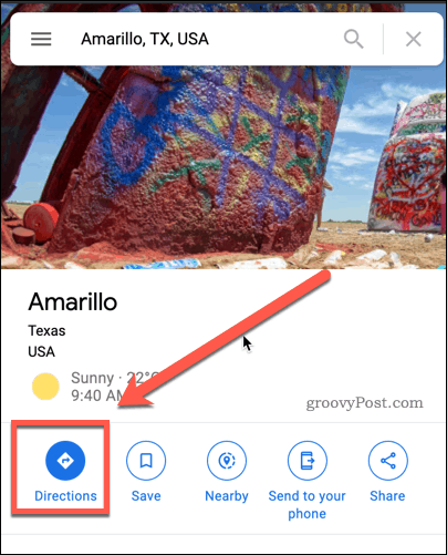Przycisk wskazówek dojazdu w Mapach Google
