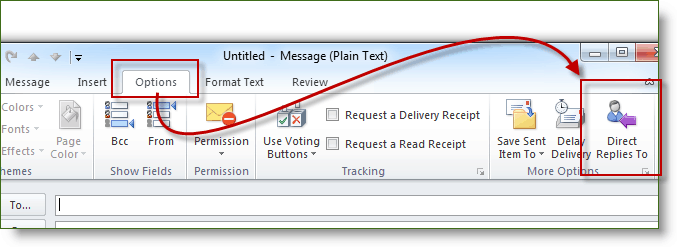 Kliknij Opcje i kliknij Bezpośrednie odpowiedzi na w programie Outlook 2010