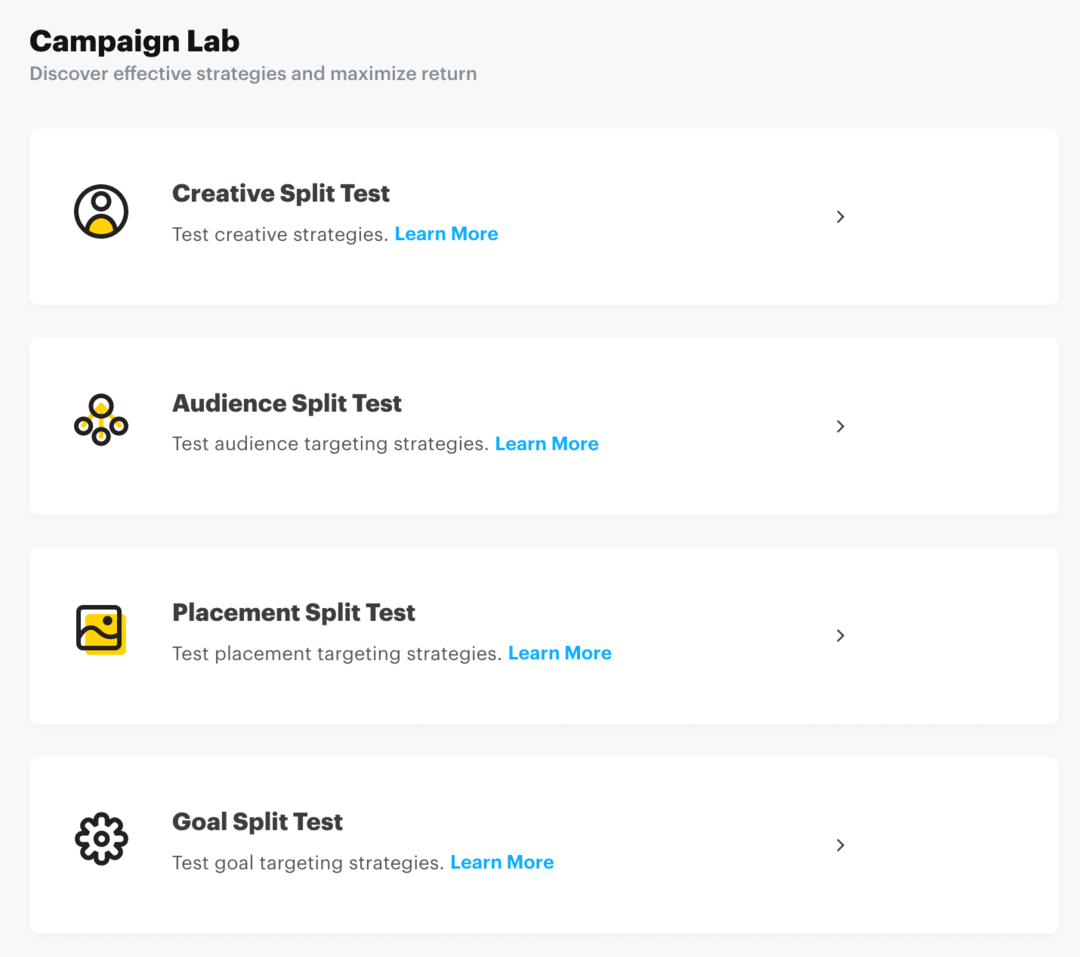 skonfiguruj test podziału Snap za pomocą Campaign Lab, krok 1