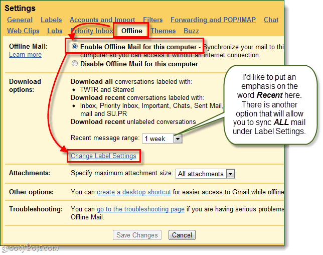 gmail włącza pocztę offline dla komputera i zmienia ustawienia etykiet