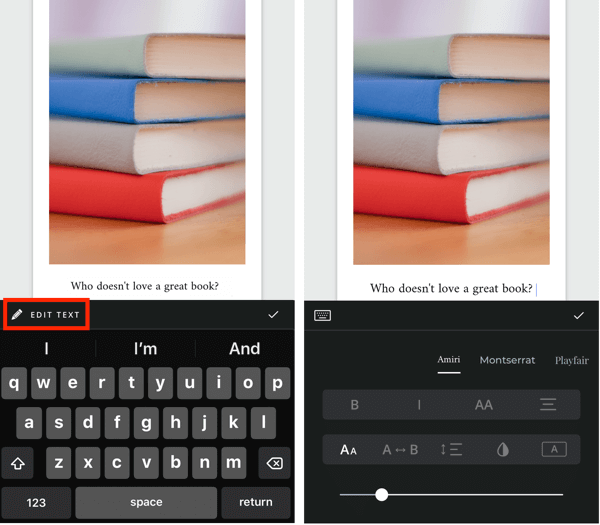 Utwórz krok 5 Unfold Instagram, pokazujący opcje edycji tekstu.