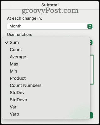 Różne funkcje dostępne w oknie dialogowym sumy częściowej w programie Excel