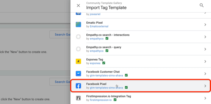 galeria szablonów społeczności menedżera tagów google importowanie menu szablonów tagów z przykładowymi szablonami ematic pixel, exponea tag, czatem z klientami na Facebooku, m.in.