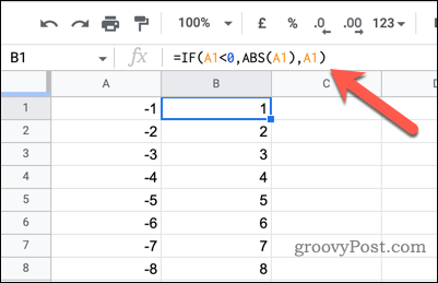 Używanie instrukcji IF do zamiany liczb ujemnych na dodatnie w Arkuszach Google