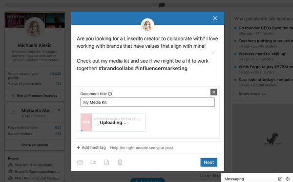 Opublikuj dokument LinkedIn, prześlij dokument do postu organicznego krok 2, dodaj tytuł dokumentu, tekst i hashtagi