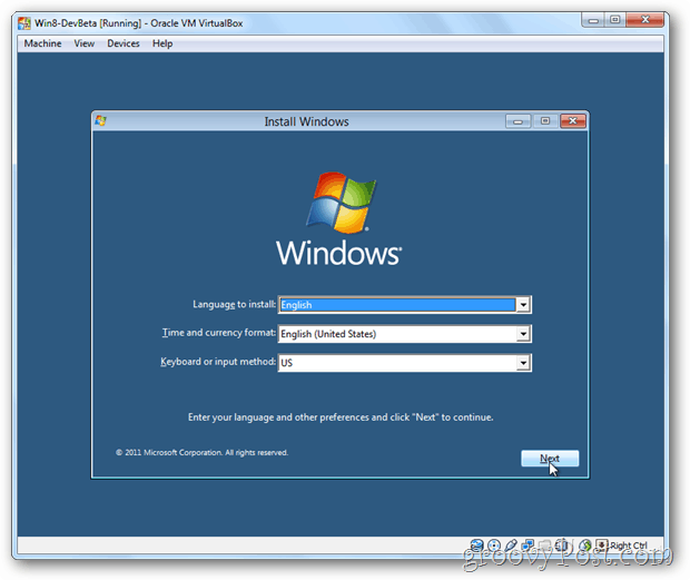 Menu instalacji VirtualBox Windows 8