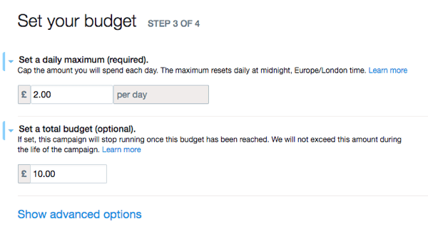 Skonfiguruj budżet swojej reklamy na Twitterze.
