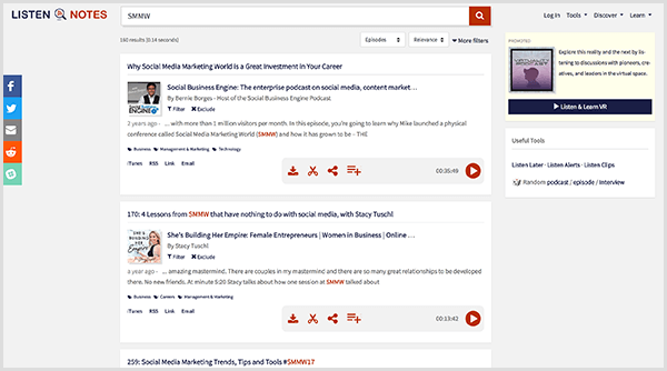 Listen Notes to narzędzie do wyszukiwania podcastów. Wyszukiwanie terminu SMMW zwraca długą listę wyników podcastów, które omawiają świat marketingu w mediach społecznościowych.
