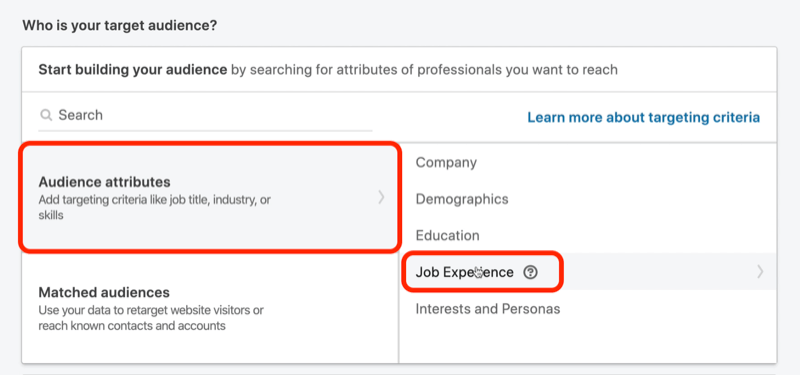 zrzut ekranu z Kim jest Twoja publiczność? w konfiguracji kampanii LinkedIn