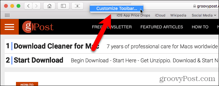 Wybierz Dostosuj pasek narzędzi w Safari na Macu