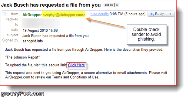 AirDropper Dropbox - plik z prośbą o e-mail