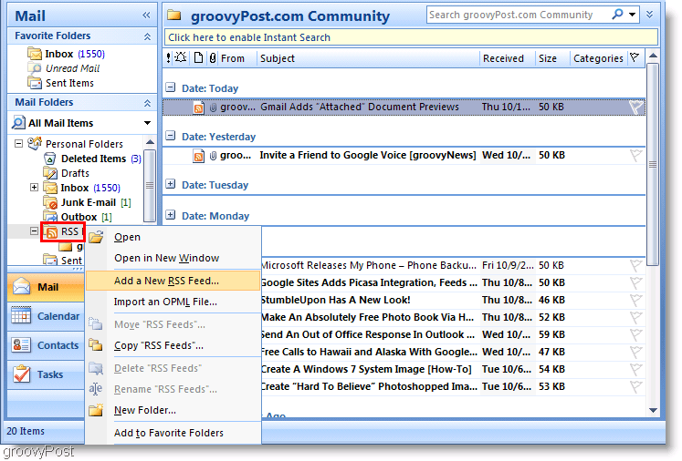 Zrzut ekranu programu Microsoft Outlook 2007 Dodaj nowy kanał RSS
