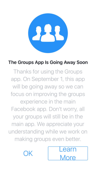 Facebook wyłączy aplikację Grupy na iOS i Androida po 1 września 2017 r.