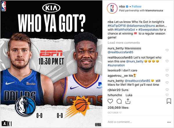 NBA połączyło siły ze sponsorem Kia Motors, aby rozdać bilety na mecz na początku sezonu na Instagramie.