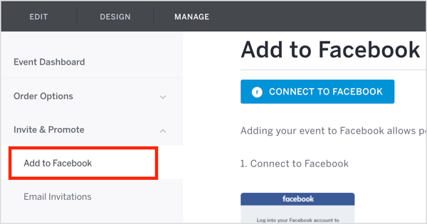 Na karcie Zarządzaj Eventbrite kliknij Zaproś i promuj i wybierz Dodaj do Facebooka z menu rozwijanego.