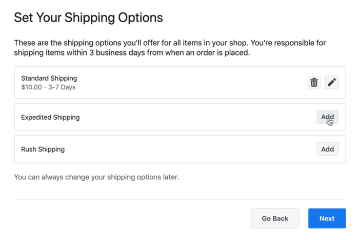 przykład zrzutu ekranu przedstawiający dostępne opcje wysyłki w sklepie Facebook