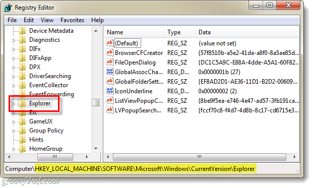 znajdź klucz rejestru dotyczący bieżącej wersji eksploratora w rejestrze systemu Windows 7