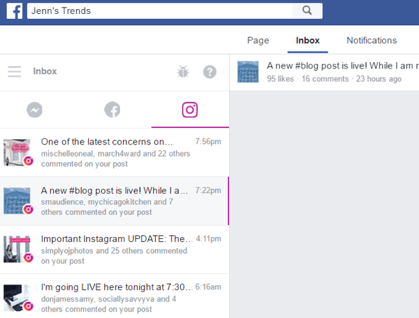 Na komputerze otwórz skrzynkę odbiorczą na swojej stronie na Facebooku i kliknij kartę Instagram, aby zobaczyć komentarze do swoich postów.
