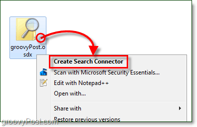 kliknij prawym przyciskiem myszy na pulpicie, a następnie kliknij plik osdx, który jest łącznikiem wyszukiwania, a następnie kliknij Utwórz łącznik wyszukiwania dla systemu Windows 7
