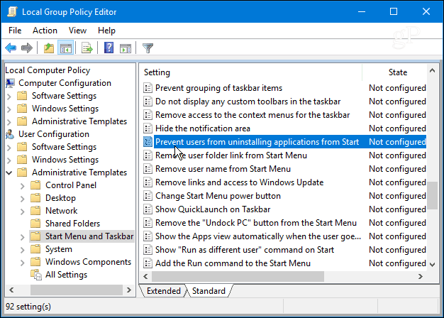 Blokuj użytkownikom odinstalowywanie aplikacji z menu Start systemu Windows 10