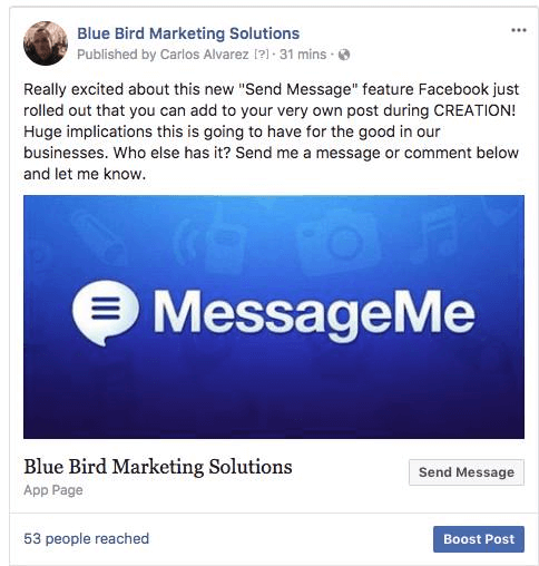 Facebook dodał opcję dołączania przycisku do postów na stronie, który daje użytkownikom możliwość odpowiadania bezpośrednio w Messengerze.