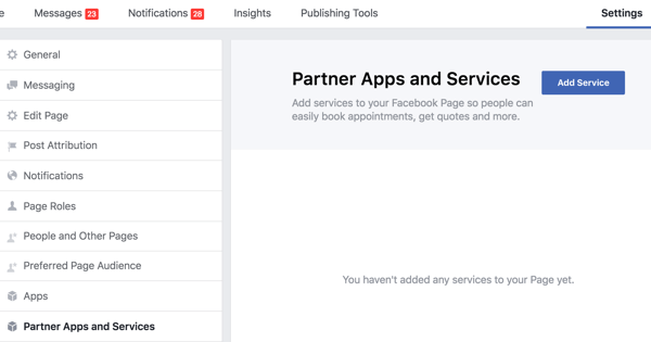 Kliknij opcję Aplikacje i usługi partnerów w ustawieniach strony na Facebooku.