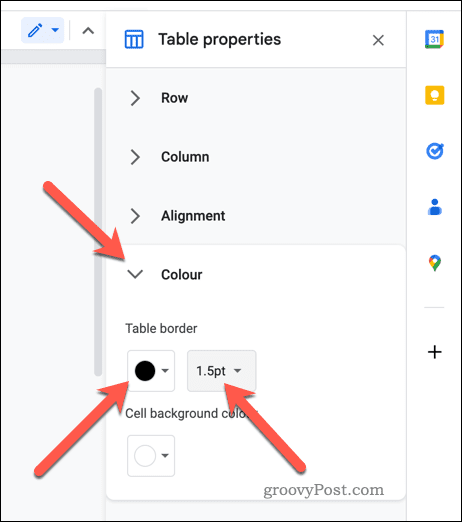 Ustaw właściwości obramowania tabeli w Dokumentach Google
