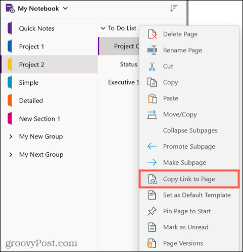 Skopiuj łącze do strony w programie OneNote dla systemu Windows 10