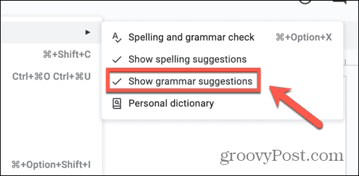 Wyłączenie opcji Pokaż sugestie pisowni jest częstą przyczyną niedziałania sprawdzania pisowni w Dokumentach Google