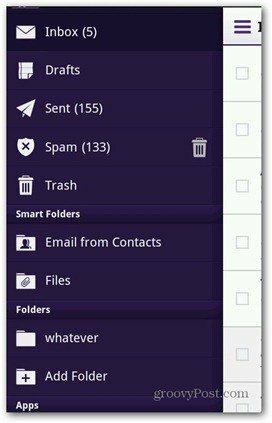 Menu Yahoo Mail na Androida