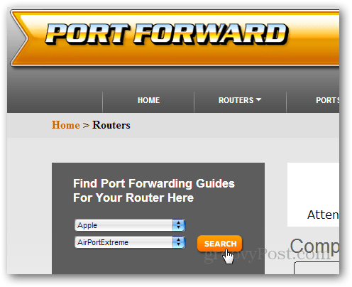 znalezienie przewodnika po routerze na portforward.com