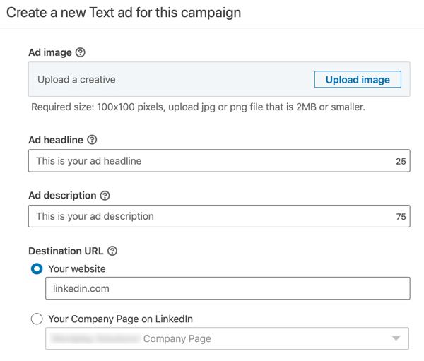 Jak stworzyć reklamę tekstową na LinkedIn, krok 12, ustawienia tekstu reklamy