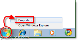 uruchom właściwości menu w Windows 7