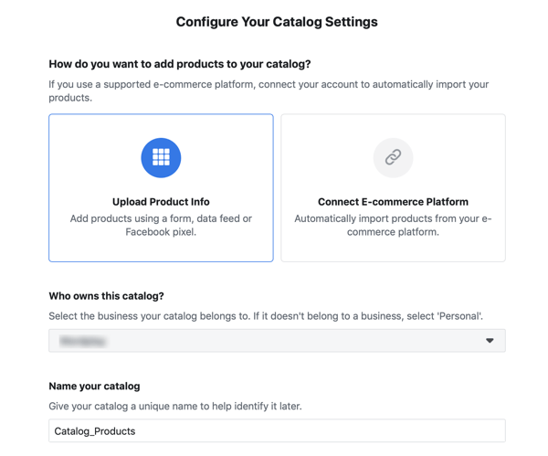 Użyj narzędzia do konfiguracji wydarzeń na Facebooku, krok 20, opcje menu, aby wypełnić katalog reklam na Facebooku