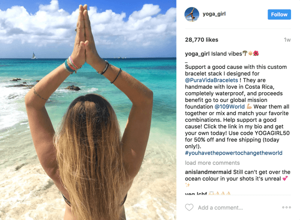 W tym płatnym poście dla influencerów Pura Vida była w stanie wykorzystać 2,1 miliona obserwujących Rachel Brathen (yoga_girl) i śledzić zwrot z inwestycji za pomocą ekskluzywnego kuponu.
