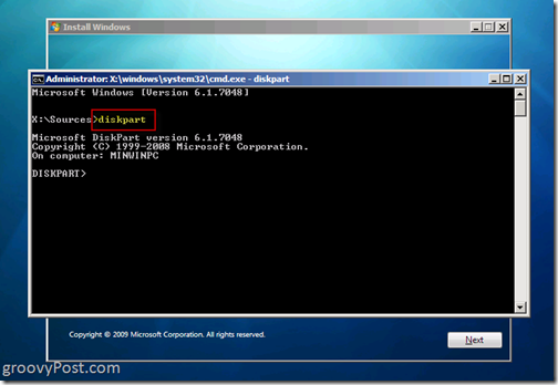 Windows 7 Native VHD Install Dual Boot Uruchom Diskpart 6.1.7048 z CMD Monituj, aby zbudować plik VHD